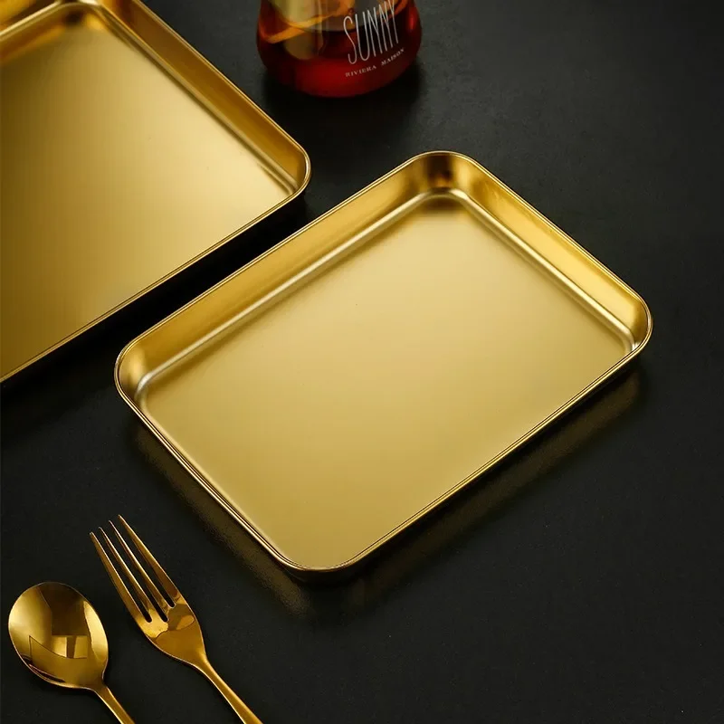 Golden Kitchen Stainless Steel Food Storage Trays Rectangle Fruits Barbecue Dish Serving Plate Baking Pan Organizer Container