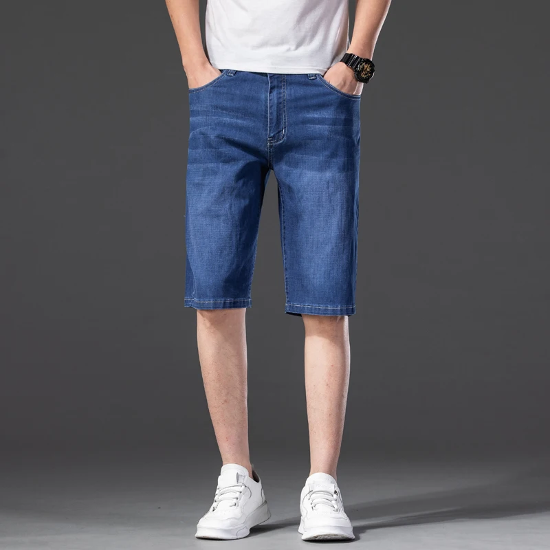 Shorts jeans Lyocell-Blend de algodão masculino, calça reta, elasticidade, jeans curtos finos no joelho, moda verão, mais tamanhos, 42, 44, 46