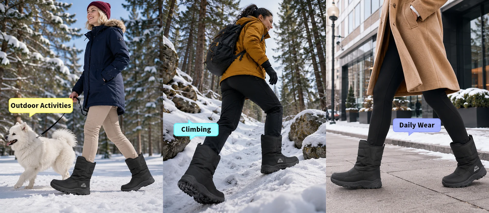 Schwarze Winterstiefel für Damen und Herren, wasserdicht, mit Plüschfutter, Reißverschluss, rutschfest, für Outdoor-Aktivitäten, Arbeit und Wanderungen, in großen Größen erhältlich. – Detail 3