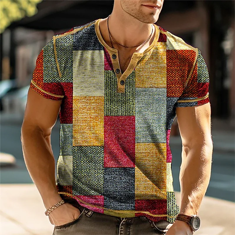 

Summer 3D Print Patchwork Color Block Vintage Henley Shirts Men's Fashion Oversized Button-Up Short Sleeve T-Shirts Men Clothing