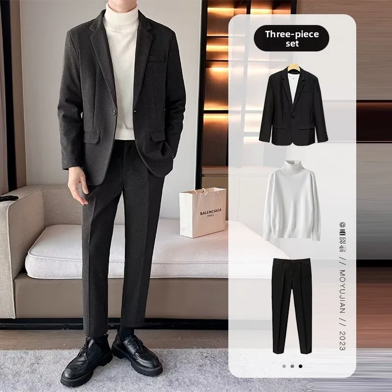

Men's Winter Woolen Suit Set Casual Warm Busin Formal Clete Engli Sle Two-Piece Suit Stand Fit Office Wear