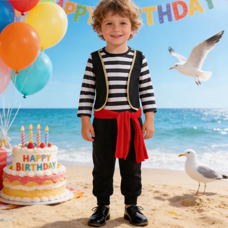 2026 Carnival Costume Boy Captain Sets Pirate Costume For Kids Striped Long Sleeve Top +Pant Suit With Eye Patch Hat Pirate Set