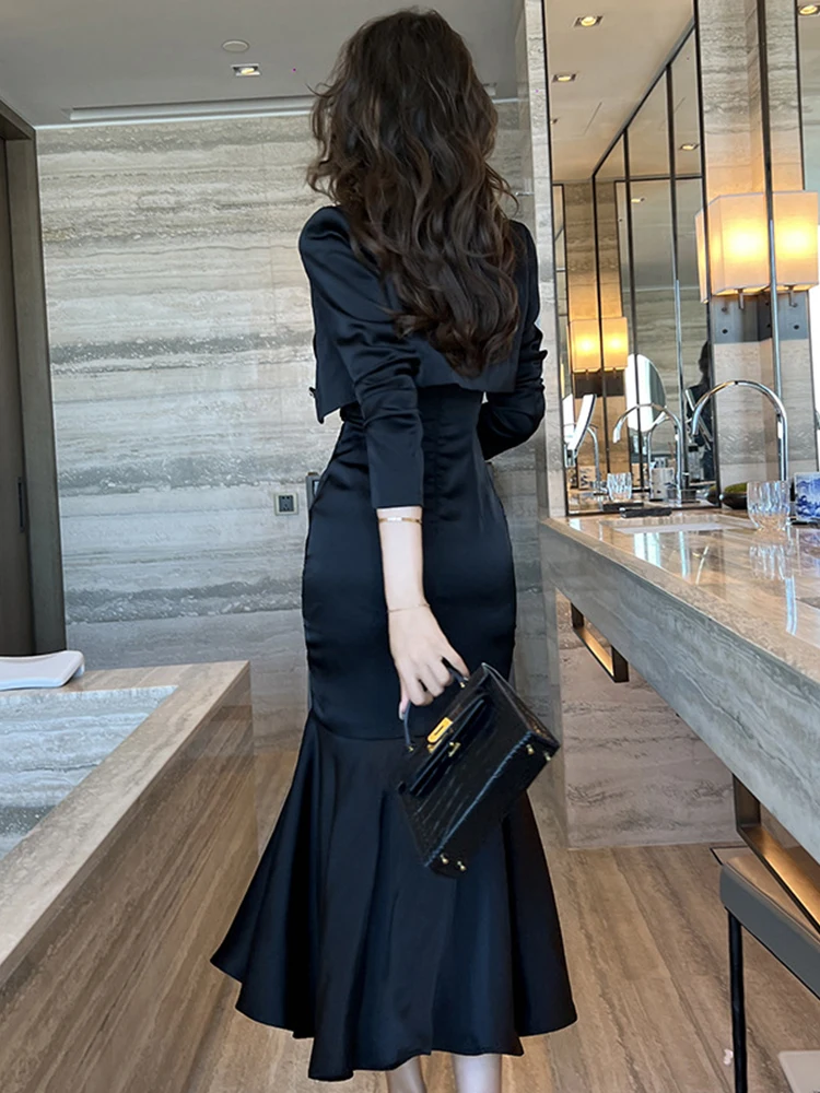 Spring Elegant 2 Pieces Set for Women 2023 Satin Lace Patchwork Black Single Button Short Jackets Slip Strap Mermaid Long Dress