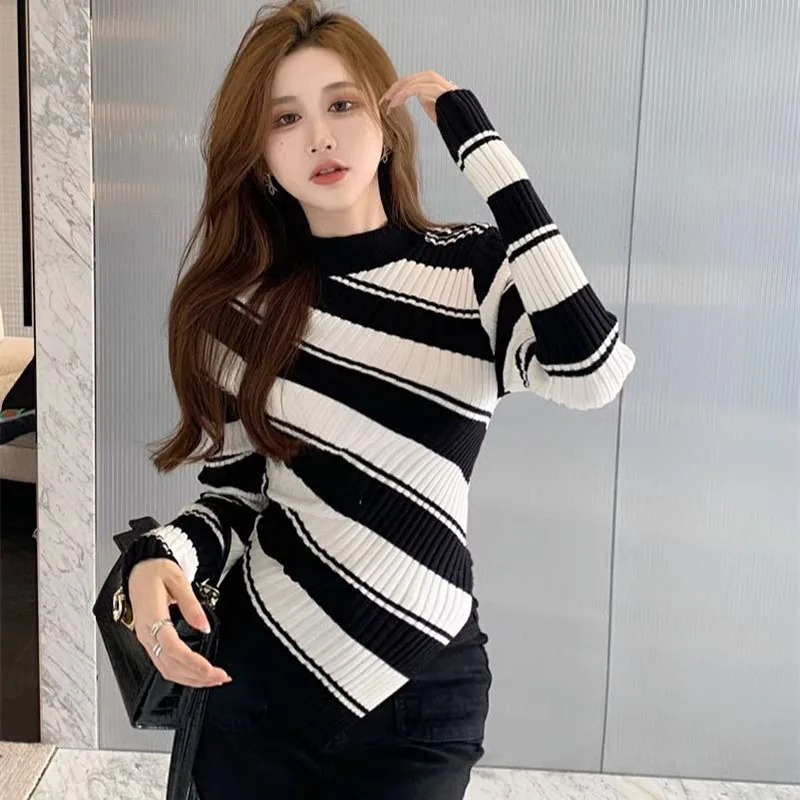 Lucyever Black White Striped Knitted Sweaters Female Fashion Irregular Long Sleeve Jumpers Women Korean Slim Fit Knit Pullovers