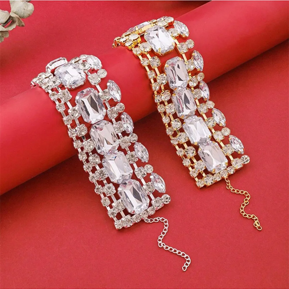 Exaggerate rhinestone big square Wide Bangle Bracelet Wedding jewelry for women Luxury crystal Geometric Square Hand Bracelet