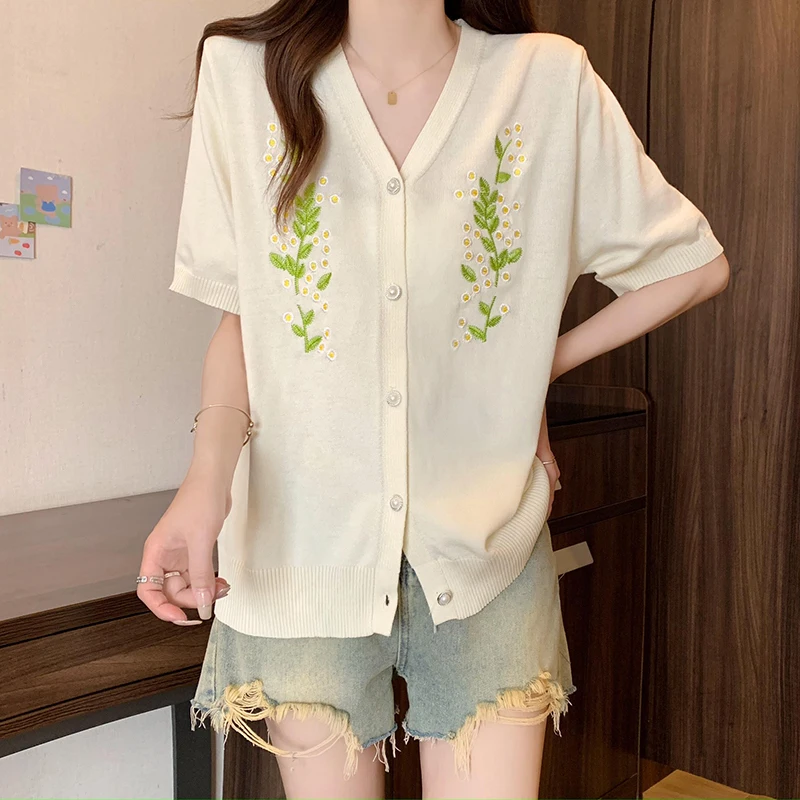 Vintage Ice Silk Knit Sweater Women Cardigans Tops 2024 Summer Elegant Solid Fashion Knitwear T-shirts Short Sleeve V-neck Jumpe