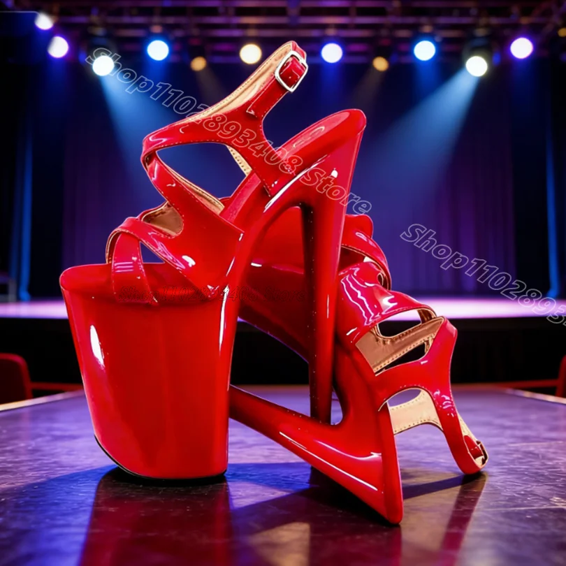 Red Ankle Buckle Platform Performance Sandals Heels 26cm Fashion British Style Women Party Dancing Sandals Zapatos Para Mujere