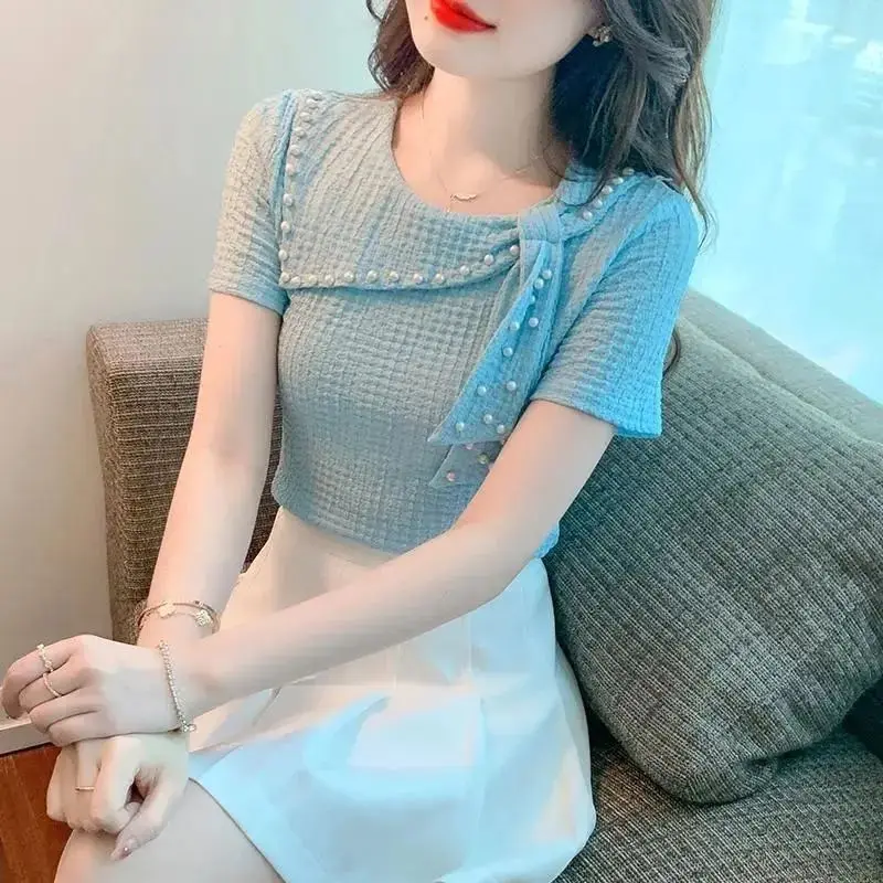 

Summer Chiffon Shirt New French Stapled Beads Lace Up Short Sleeve Top T-shirt Women Slim Fit Slim Bottoming Blouse