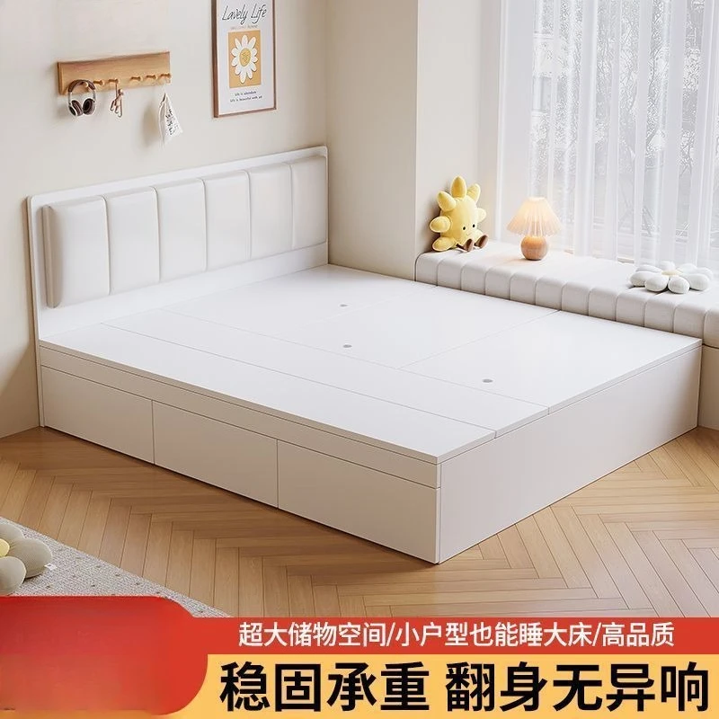 سرير تاتامي من الخشب الصلب، سرير مزدوج للتخزين عالي الصندوق، بساطة حديثة، تخزين، شقة صغيرة