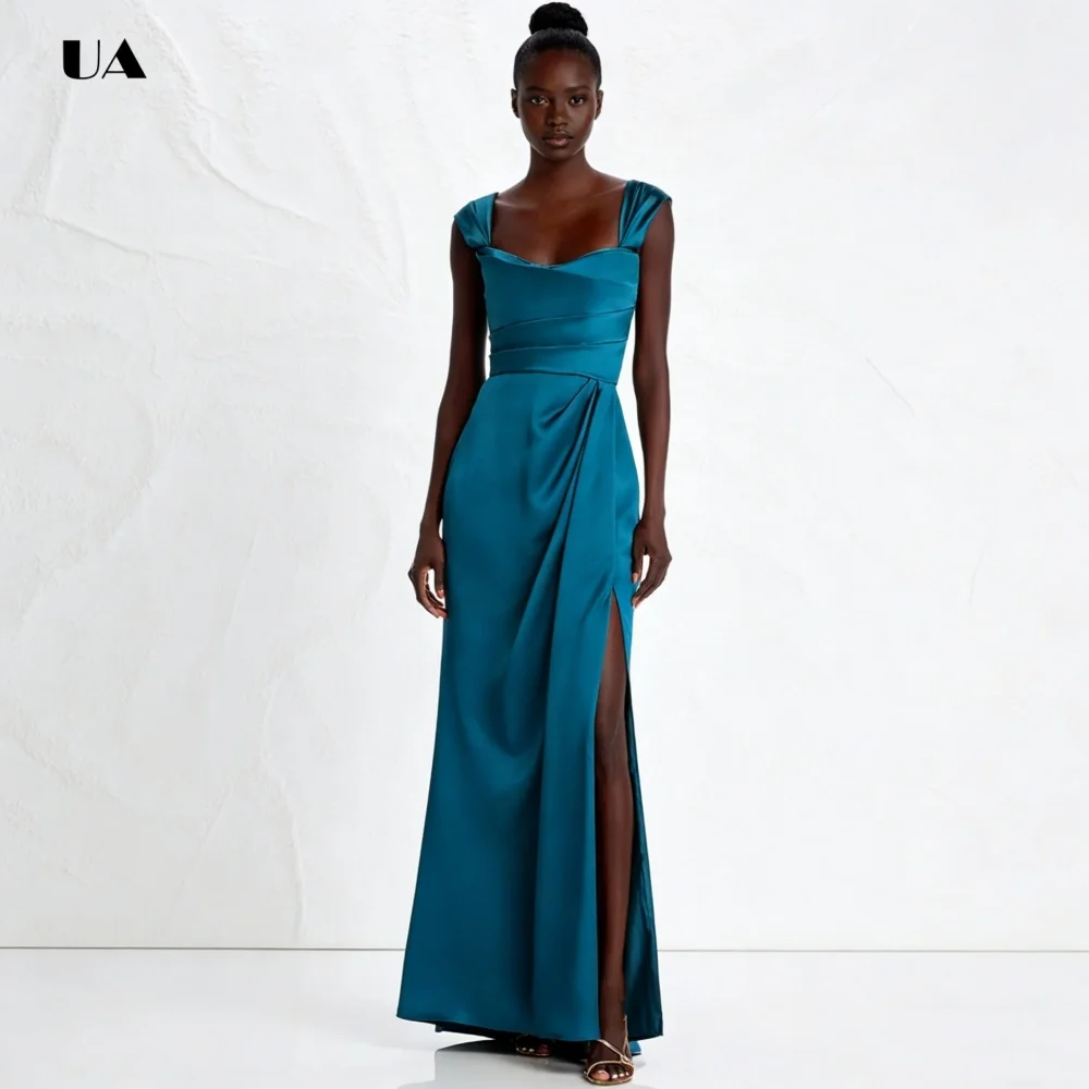 

Satin Sweatheart Neck Prom Dress with Wide Strap, Solid High Slit Evening Dress, Fit-and-flare Draped Customized Party Gown