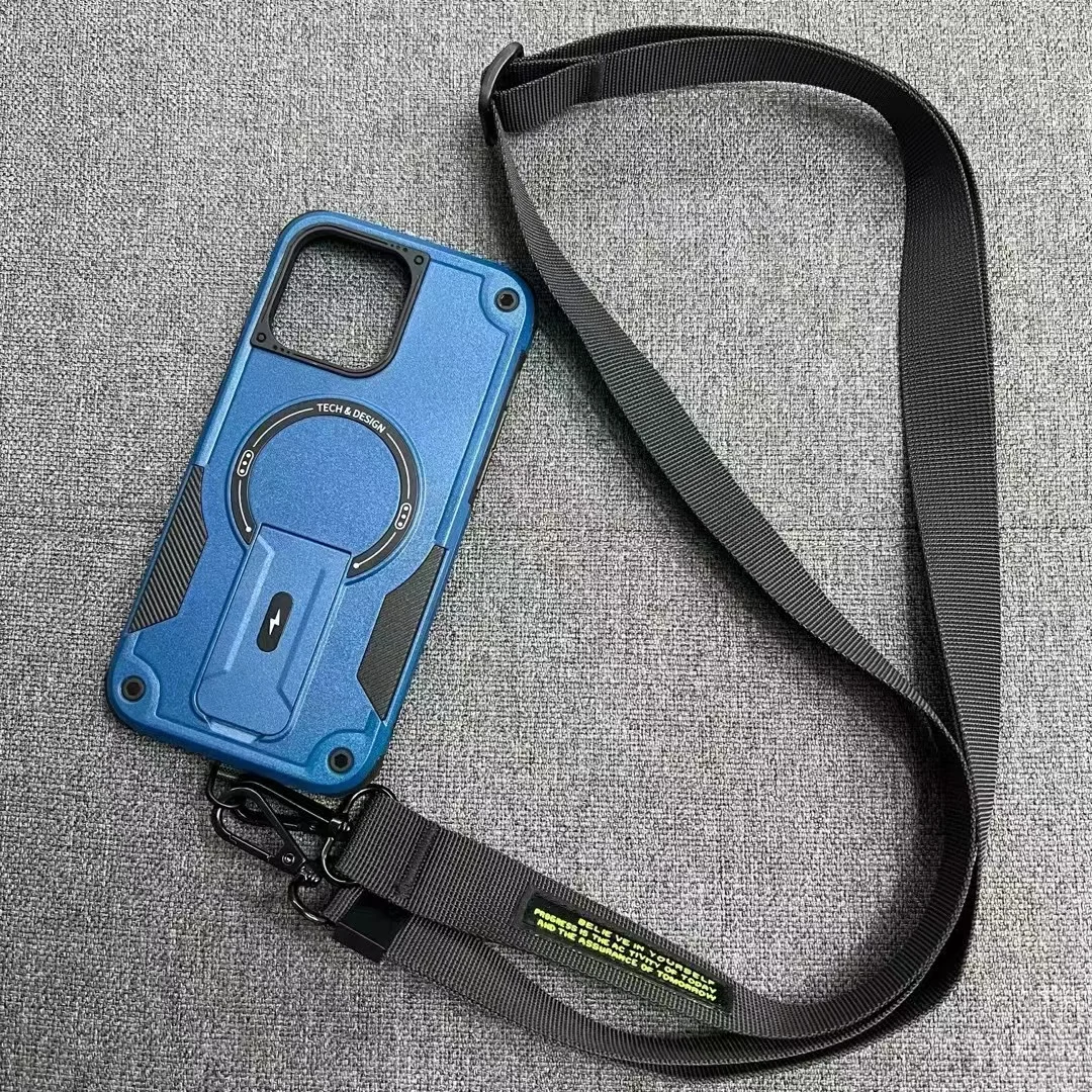 Long Strap Crossbody Magnetic Bracket Magsafe Case for iPhone 16 15 14 13 12 11 Pro Max Shockproof Outdoor Sports Defender Cover