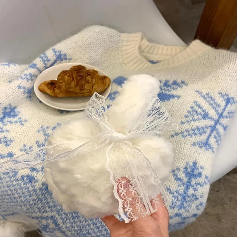 Penutup Telinga Wanita Musim Dingin Gaya Lolita dengan Pita, Bulu Halus, Hangat, untuk Bersepeda di Luar Ruangan, Anak-anak, Penutup Headphone Berenda, Penghangat Telinga, Penutup Telinga, Aksesoris Kepala Modis