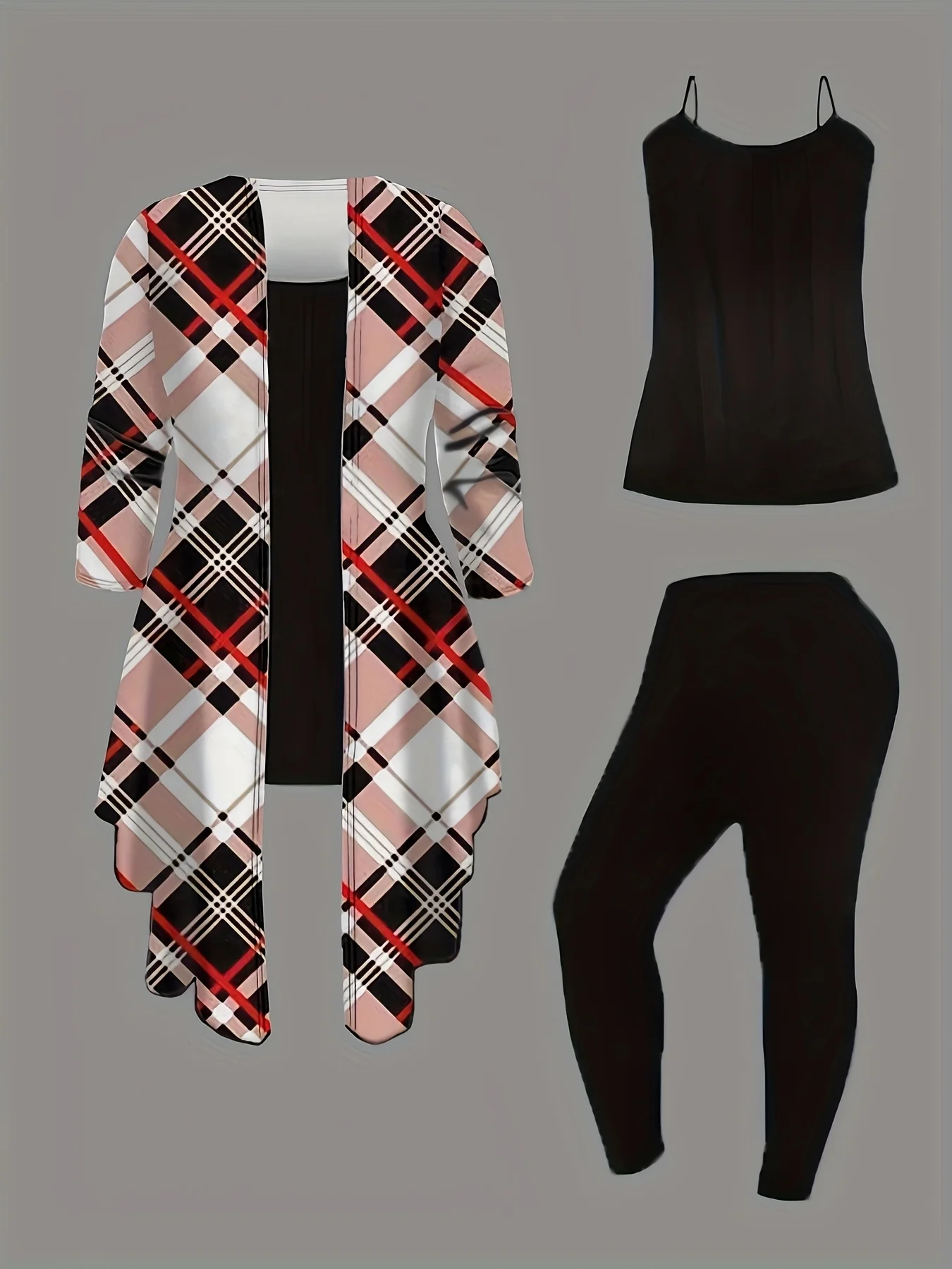 Conjunto feminino de 3 peças plus size: jaqueta cardigã com estampa geométrica estampada combinada com calças casuais e colete para uso diário.