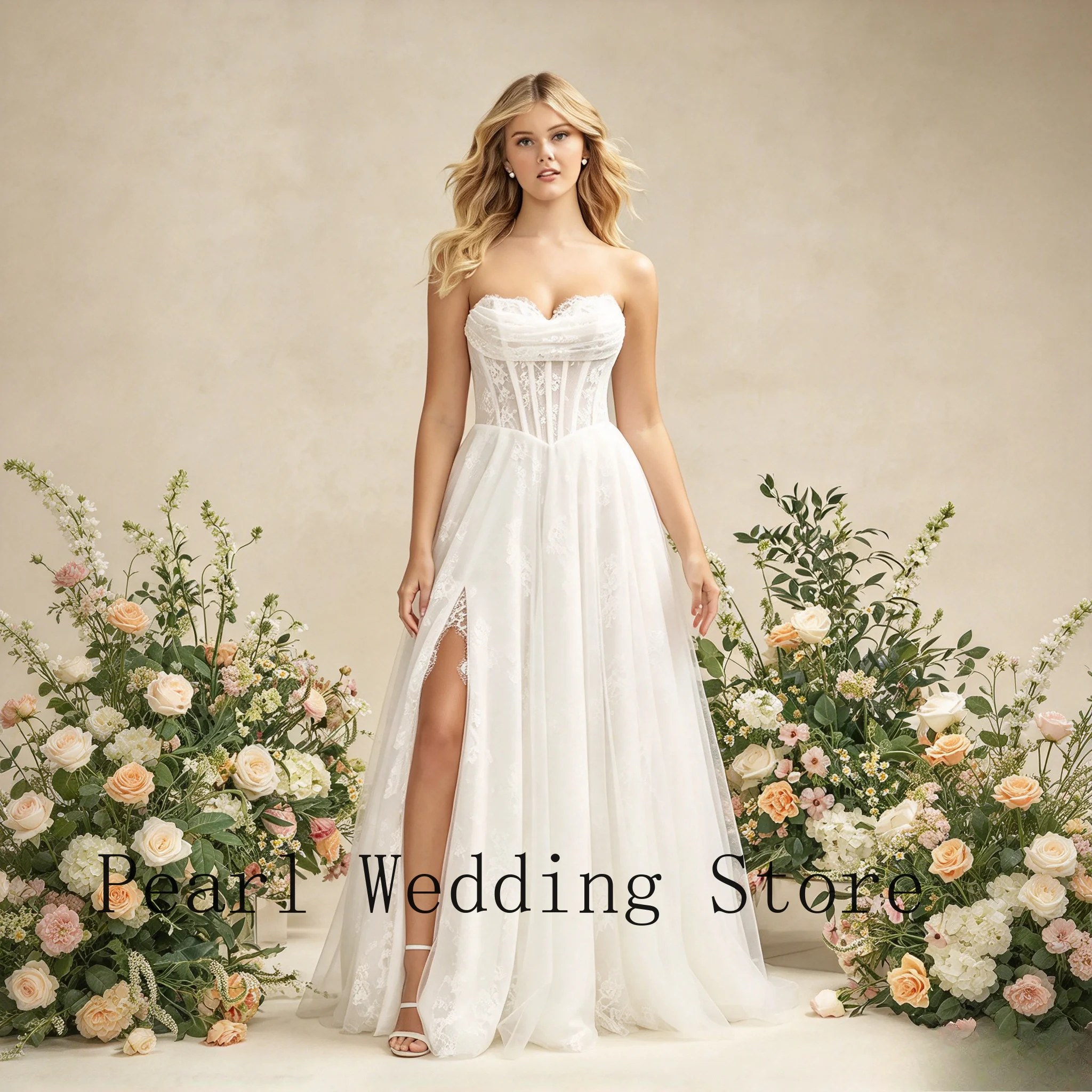 Customized Sweetheart Lace A Line Wedding Dress Corset Bodice High Leg Slit Tulle Skirt Floor Length Bridal Gown For Bride