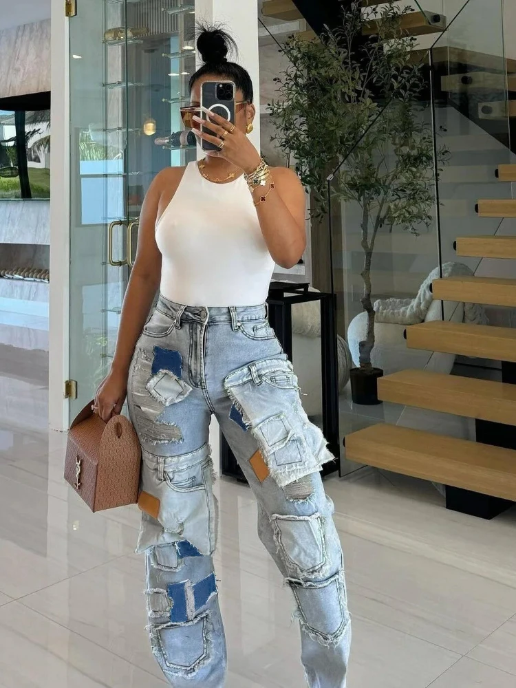 

Leosoxs Cargo Denim Pocket Pants High Waist Jeans Y2K Streetwear Women Winter Fall Clothes Trousers Denim Pencil Baggy Pants