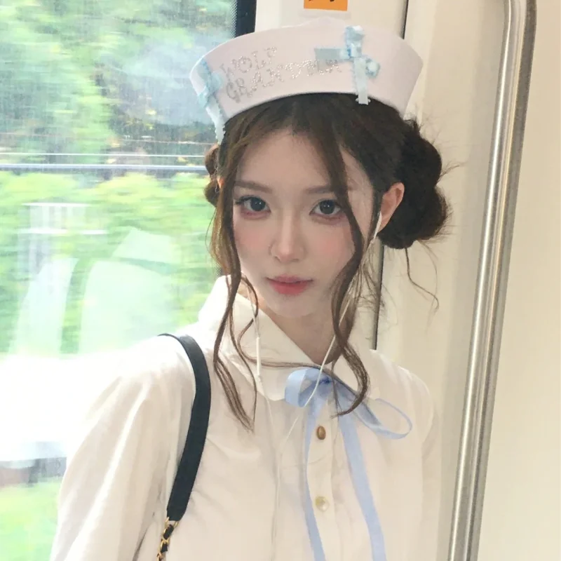 Japanese Y2k Cute Women Bow Sailor Hat Spring and Summer Fashion Sweet Diamond-encrusted Letter Decoration Flip Brim Beret