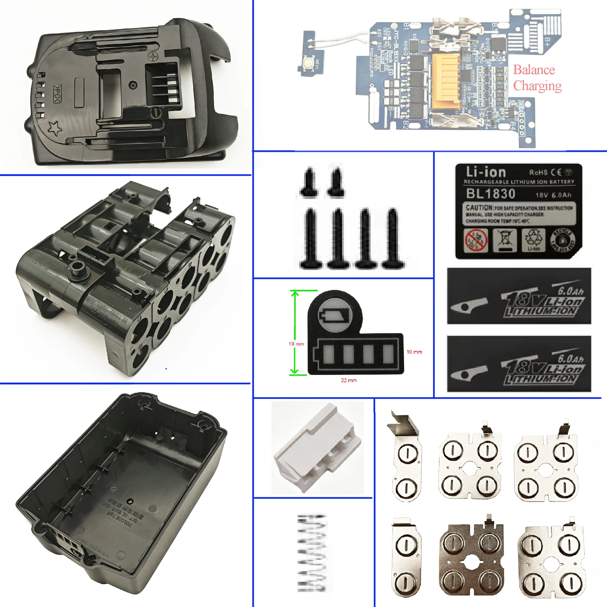 BL1830B Lithium Ion Battery Case 10X18650 For Makita 18V Li-ion Battery Pack Box Top Bottom Shell LED Key Sticker Housings