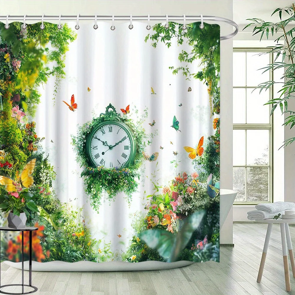 

Занавеска для душа на тему часов — реалистичные бабочки, цветы и растения, дизайн зеленых часов, декор для ванной комнаты из полиэстера, 12 крючков