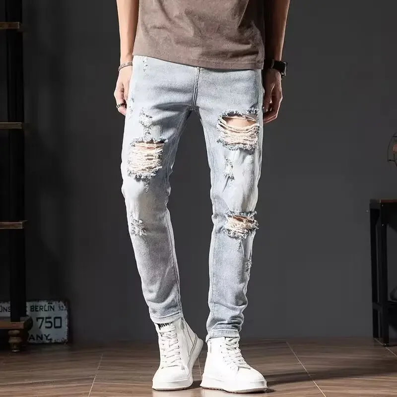 

Men 2024 Water Washing Holes Ripped Patchwork Jeans Streetwear Light Blue Jeans Casual Pantalones The High Street Tide Men's