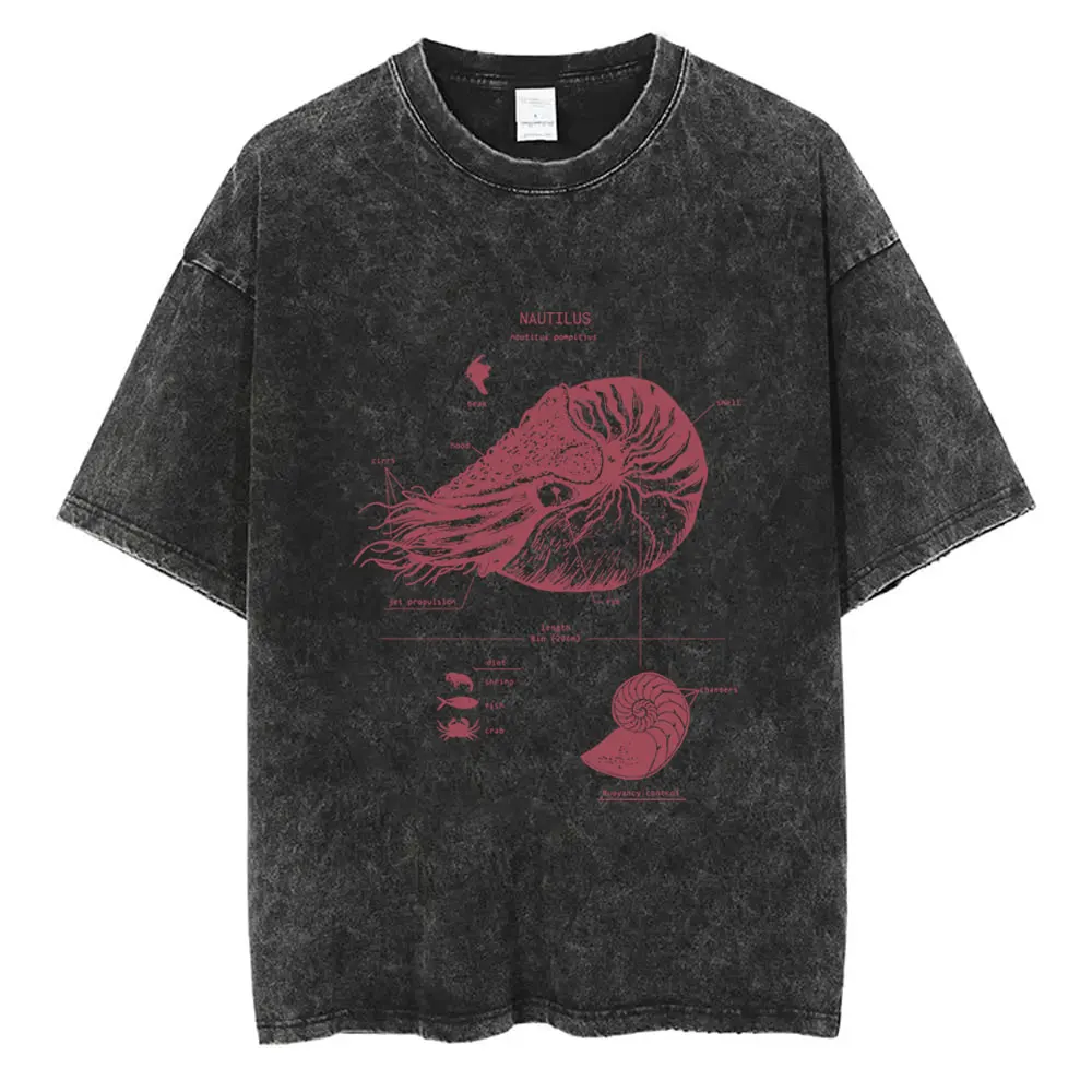 

Hot Sale Funny Nautilus Anatomy Vintage Washed T-shirt Men's Women's Casual Oversized T Shirts Unisex Fashion Cool Streetwear