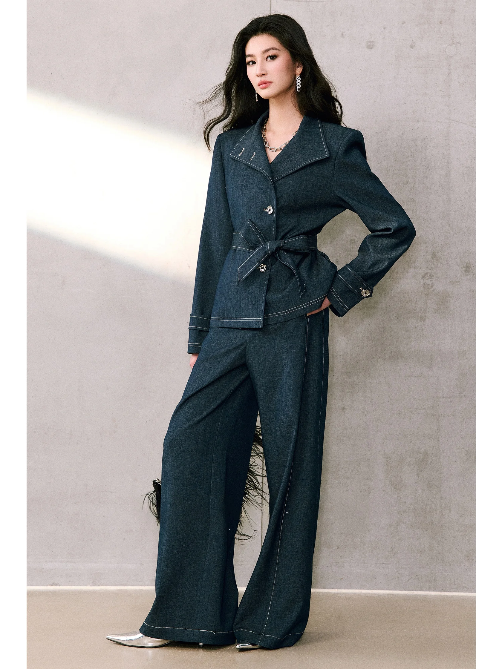 

WANGXO High Densi Denim Woven Material Wide oulder Jaet And Wide Leg Pants Set Multi Wear Collar Belted Outerwear