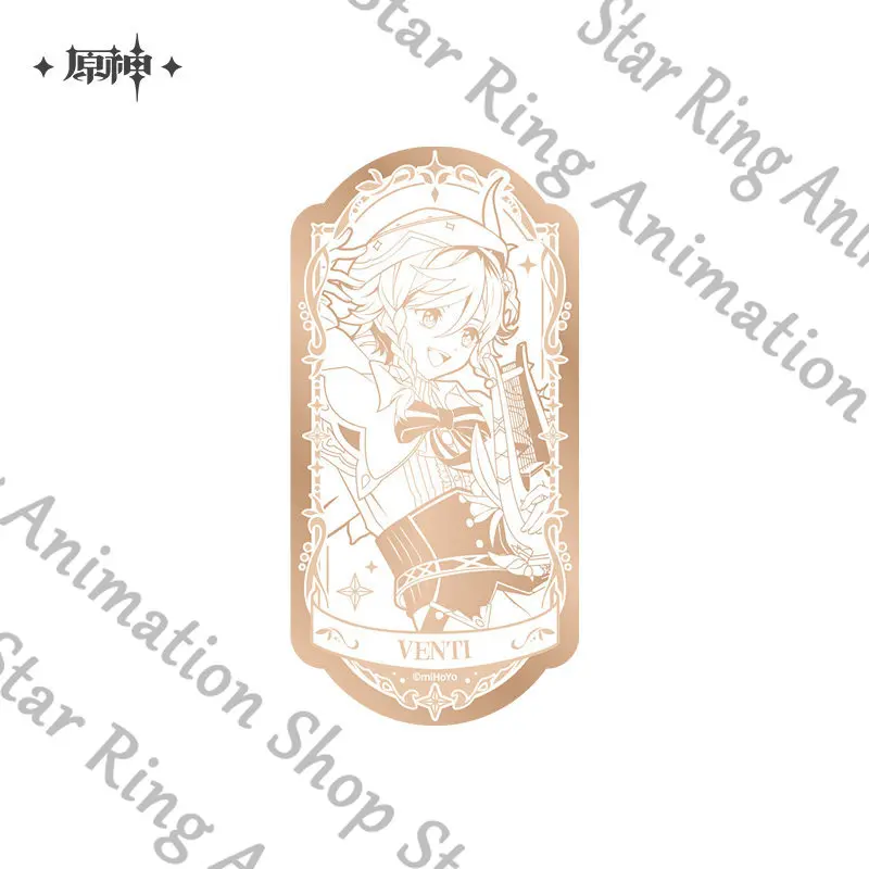 Insignia oficial de Genshin Impact, con diseño de personajes de anime y dibujos animados, en forma de placa metálica cuadrada: Venti, Raiden Shogun, Nahida, Furina, Columbina, Anastasia.