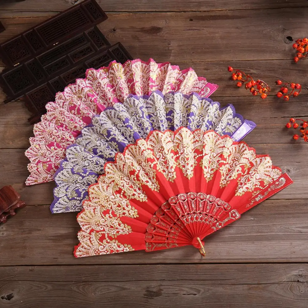 Folding Fan with Hanging Ring Smooth Opening Comfortable Grip Clear Pattern Chinese Style Fabric Folding Fan School Dancing Fan