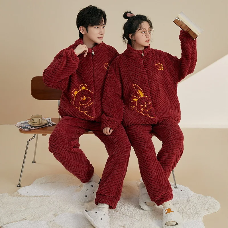 New Year Red Pajamas Set for Couples Flannel Zipper Nightwear Women and Men Matching Warm Coral Fleece Nightwear for Lovers