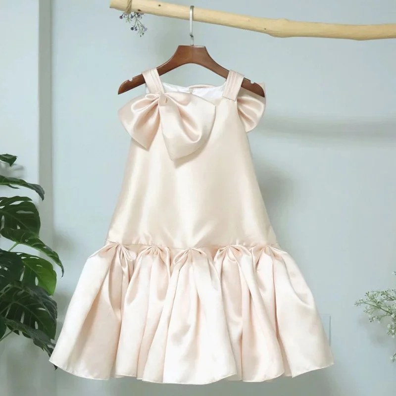 

Индивидуальные платья цвета слоновой кости для девочек на свадьбу, атласные рукава с бантом, простое детское бальное платье для первого причастия