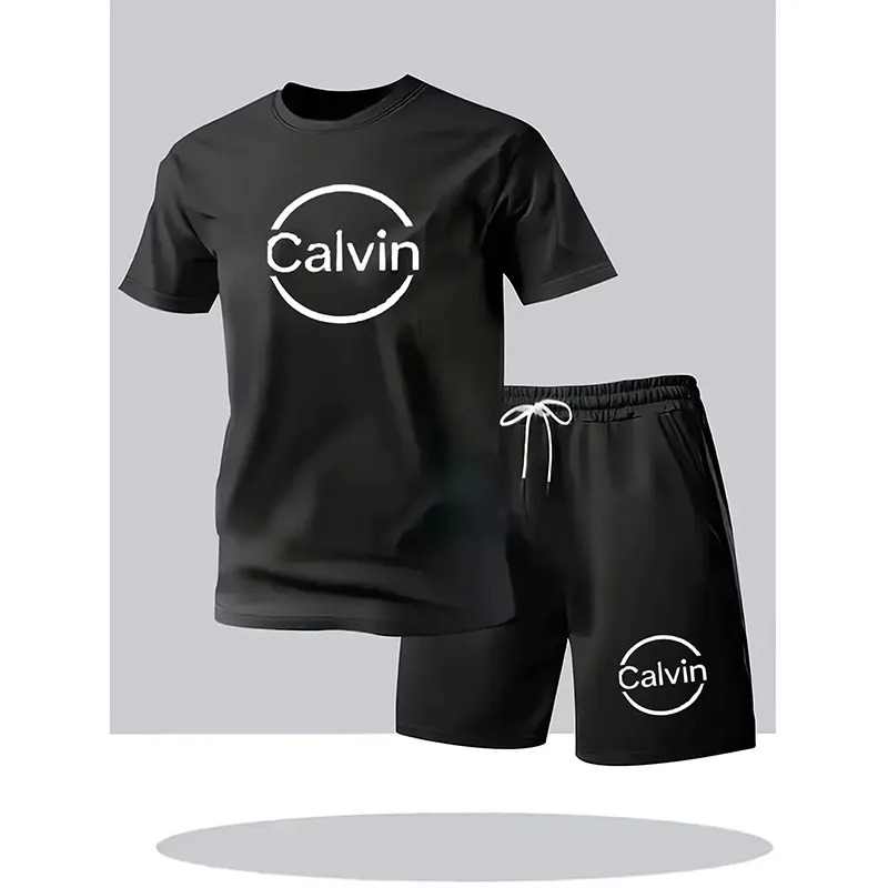 

Men's 2 Piece Casual Tracksuit Short Sleeve T Shirt & Black Shorts Set Summer Sports Fitness Outfit