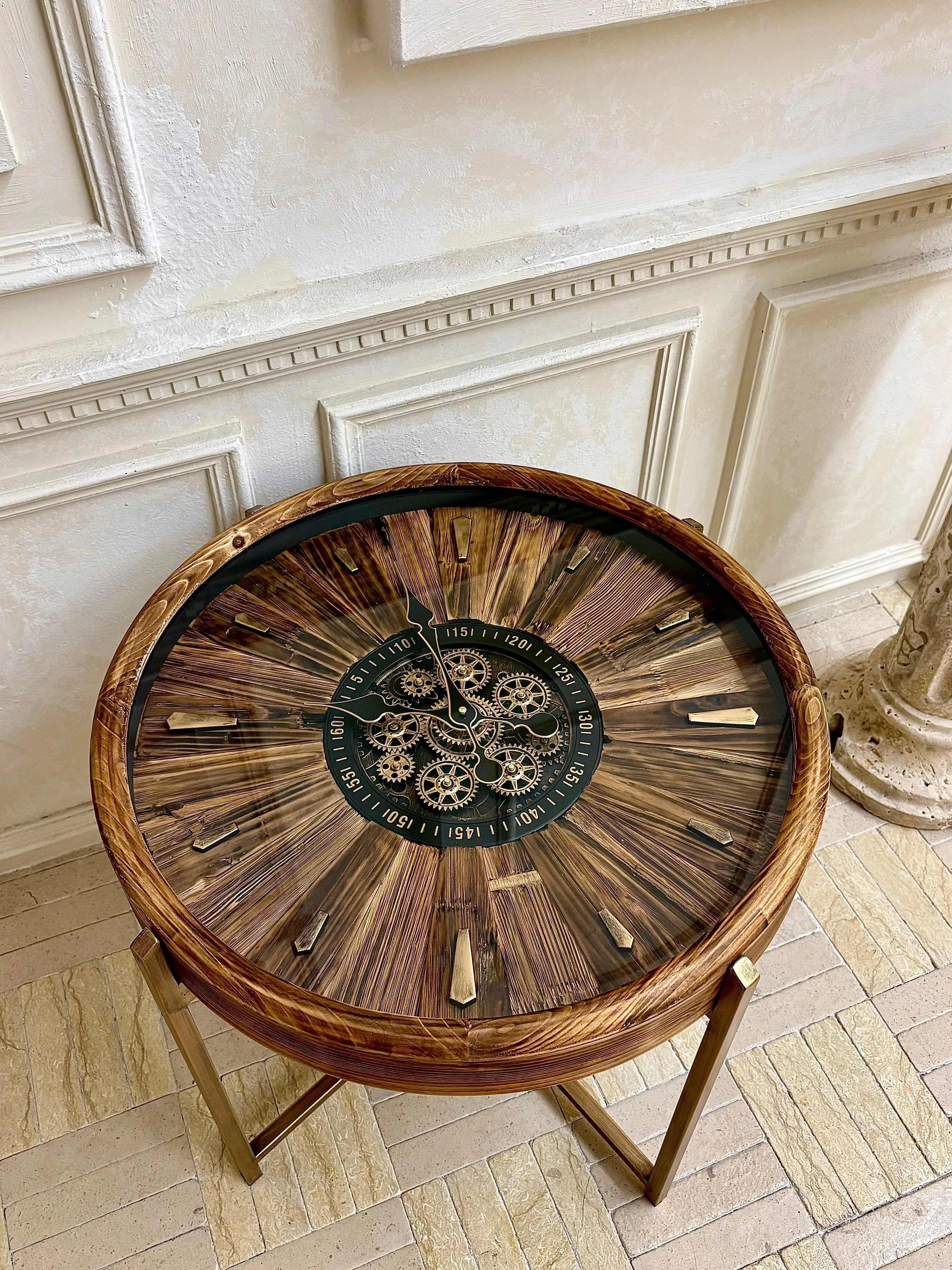 American Style Retro Advanced Creativity Pine Wood Gear Clocks Watches Tea Table Round Shape Design Living Room Sofa Side Table