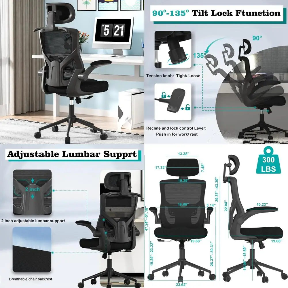 

High Back Mesh Office Chair with Thick Foam Cushion, Coat Hanger, Adjustable Headrest, Lumbar Support