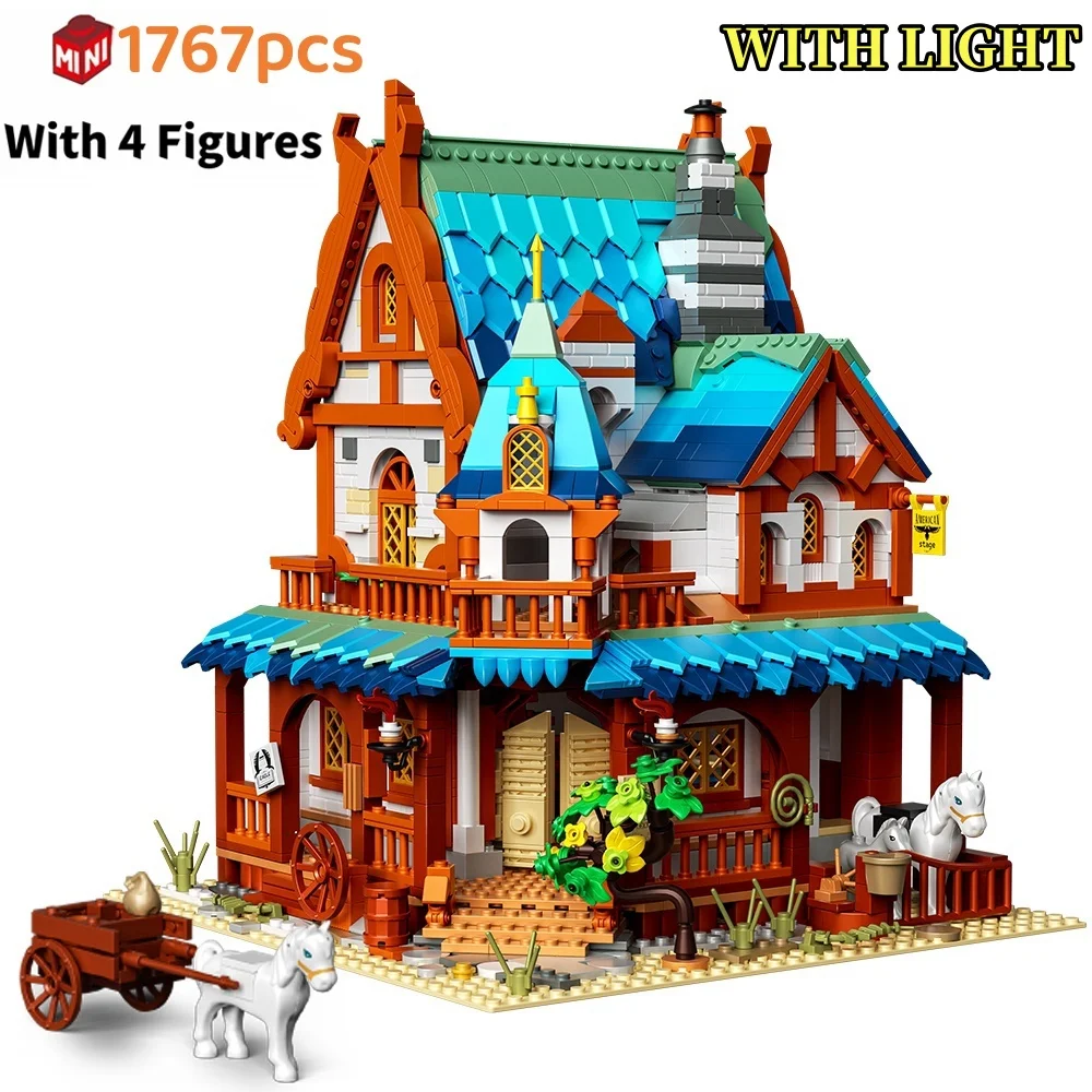 Estação postal medieval castelo cenário arquitetônico bloco de construção idade média urbano vista rua decoração micro tijolos brinquedos presente do miúdo