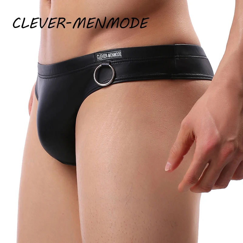 Roupa de biquini gay sexy do sexo masculino do falso do couro u-convexo roupa interior do plutรดnio levantado do saco do pรชnis cuecas apertadas