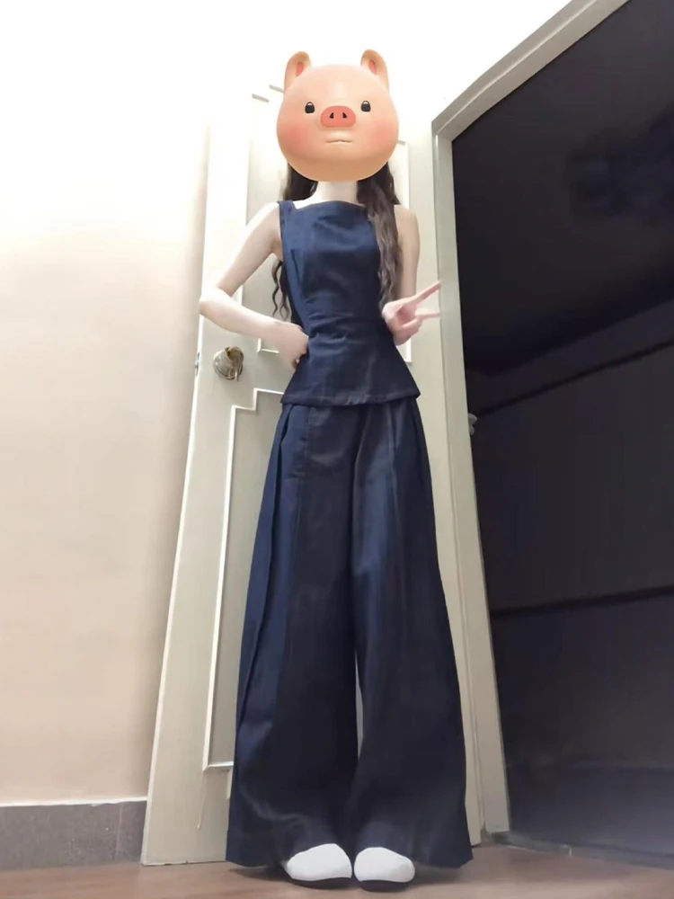 

Spring New Style Popular Denim Sleeveless Top And Wide Leg Pants Women's Fashionable Set High Waist Comfortable Pure Color