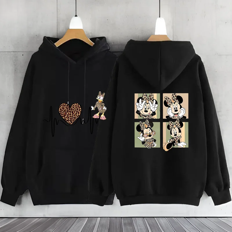 Disney Minnie Mouse Leopard Heartbeat Hoodie Y2k Clothes Long Sleeve Women\'s Sweatshirts Hooded Shirt Women\'s Sweater Hoodie