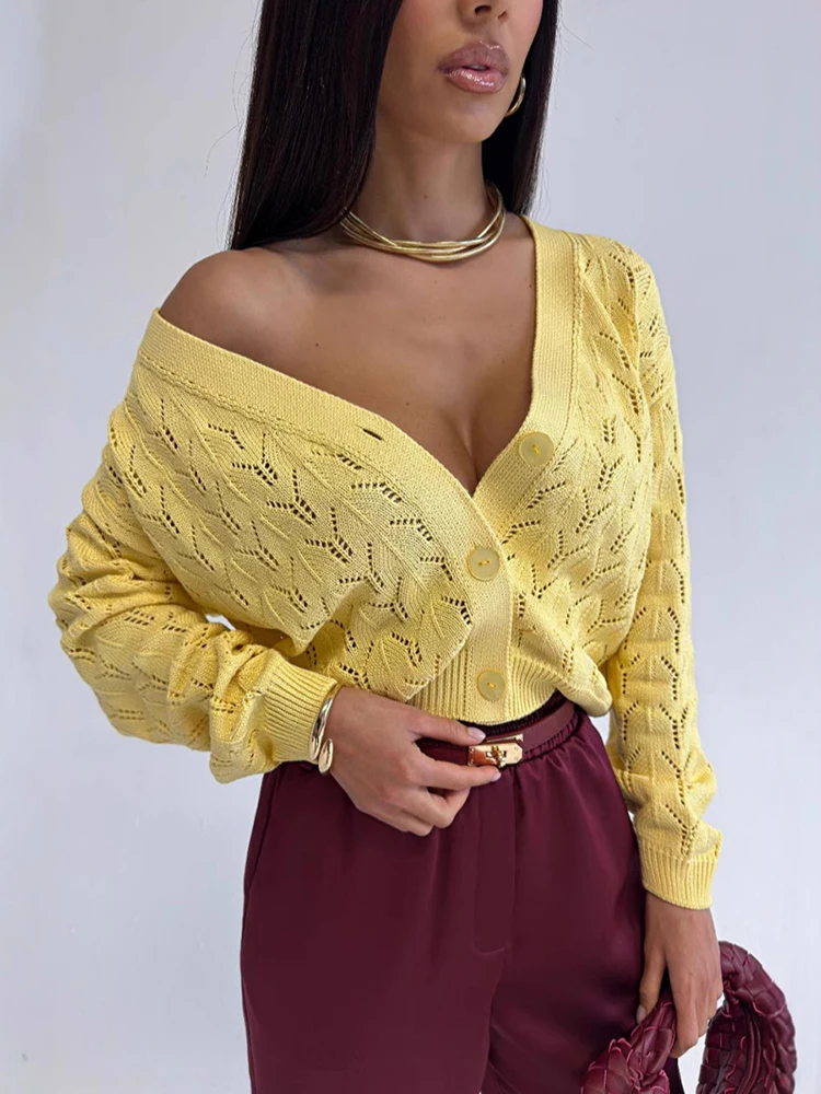 

European Style V-neck Short Sweater For Women Chic Crochet Hollowed Out Knitted Tops Sexy Long Sleeved Single Breasted Cardigans