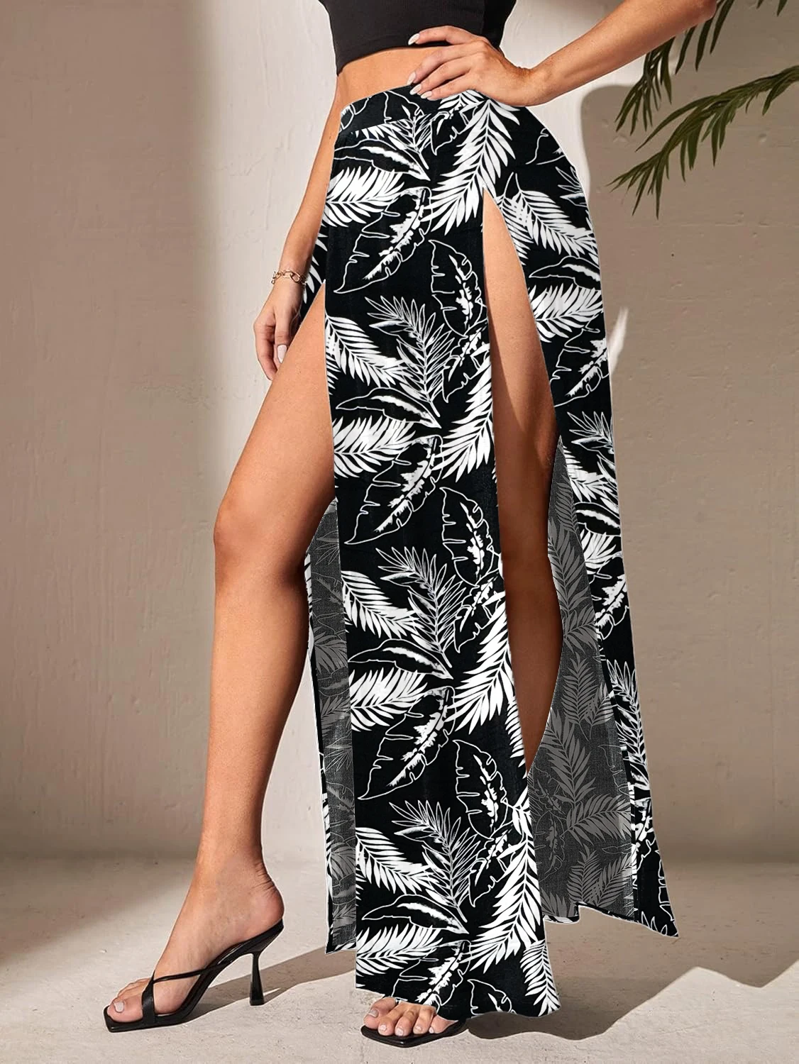 Damenrock mit Blumenblattmuster |   Schlanker, sexy Blumenrock mit langem Schlitz |   Dating-Partyrock |   Lässiger langer Sommerrock für Damen