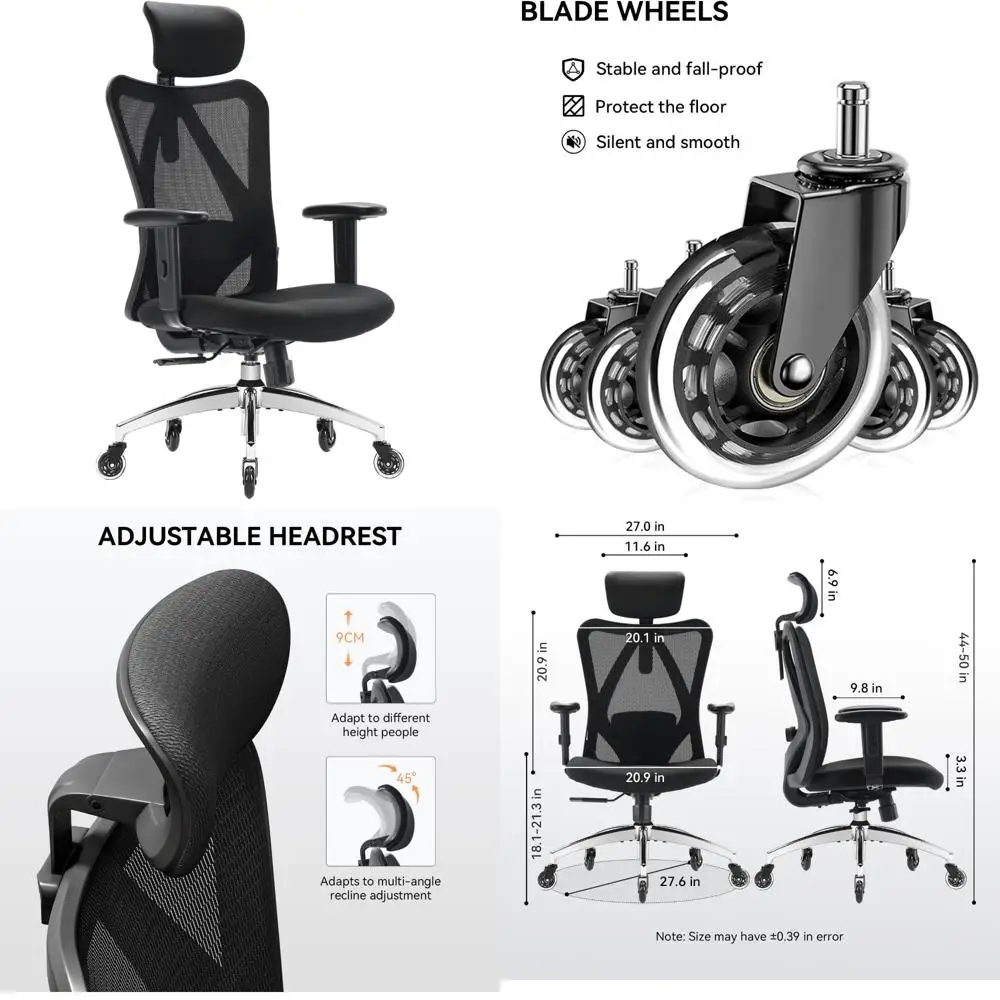 Ergonomic Office Chair with Mesh Back, Adjustable Lumbar Support, Padded Seat, PU Armrests, and Headrest