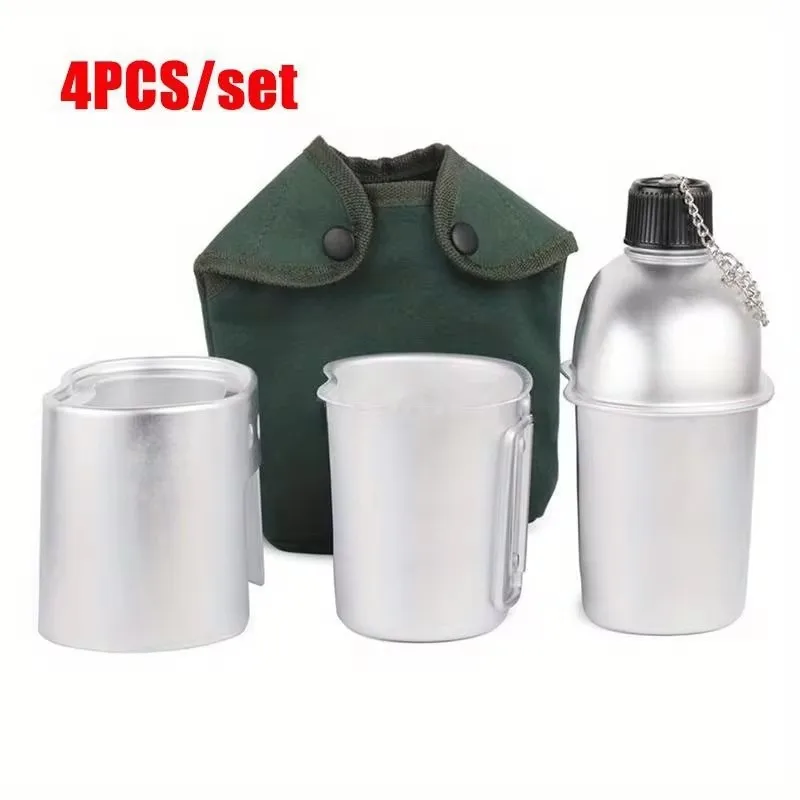 Aluminum Military Canteen Kit with Water Bottle, Handle Mug, and Tough Green Canvas Sleeve - 3 Pieces
