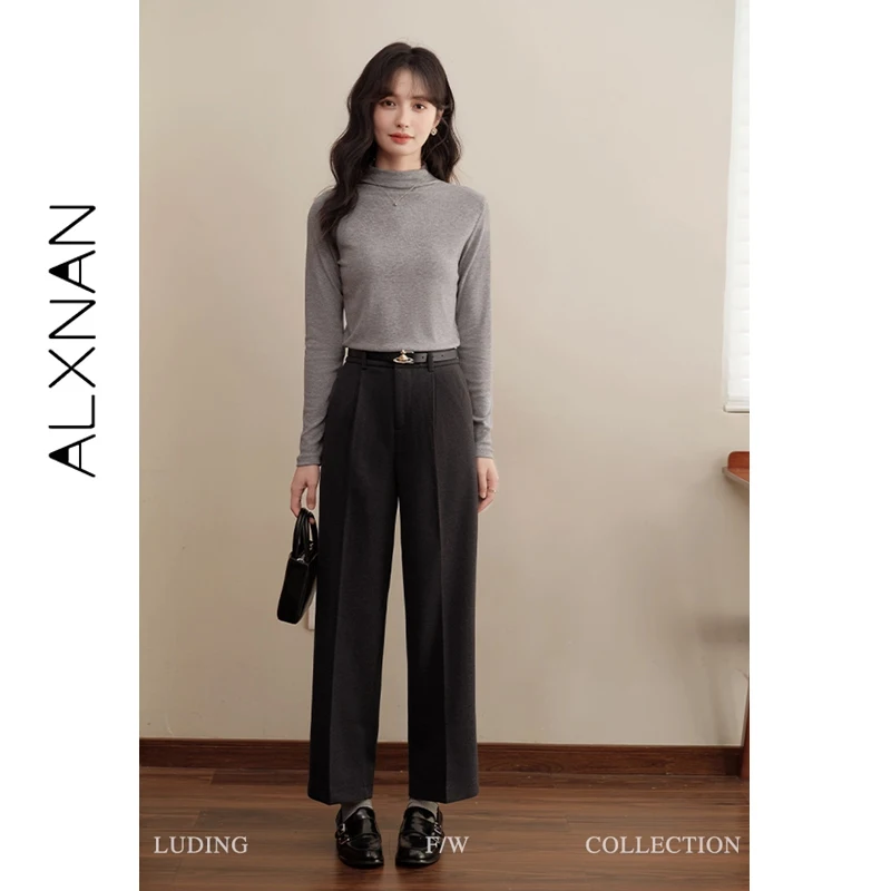 ALXNAN Plus ขนาดผู้หญิงกางเกงสีดําฤดูใบไม้ร่วงแฟชั่นตรงกางเกงขากว้างสบายๆ Office Lady Elegant Baggy กางเกง D08528-1