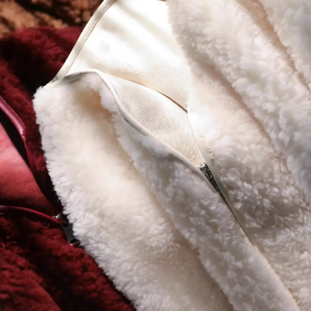 

Women's Eco-Friendly Suede V-Neck Lambswool One-Piece Jacket Wool Fur Loose Fit Winter Coat Gold Color F112102