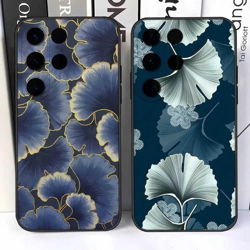 

Gingko Flower Leaves Pattern For Samsung S25,S24,Ultra,S20,S30,Plus,S22,S23,Ultra,Plus,5G Black Silicone Soft Case