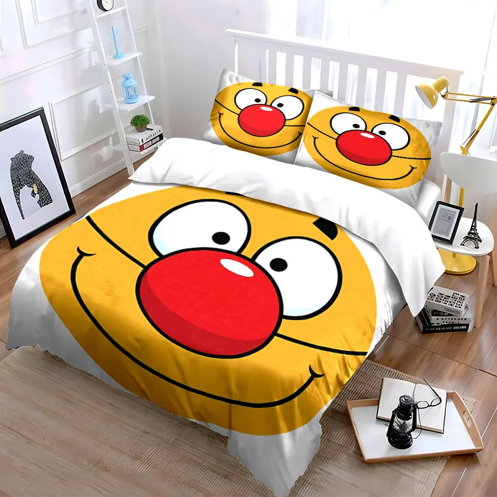 Cartoon Face Sticker Set Decoration Bedding Set with 1 Duvet Cover 2 Pillowcases Single Double King Queen, Gift