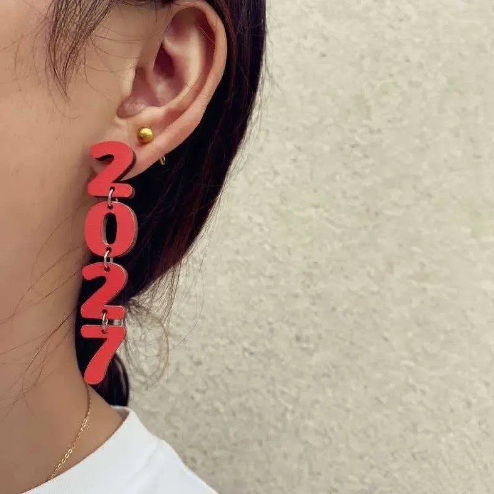 Fashion 2027 Digital Earrings Bohemian Style Elegant Happy New Year Earrings Wood Welcome a New Beginning Stud Earrings Travel