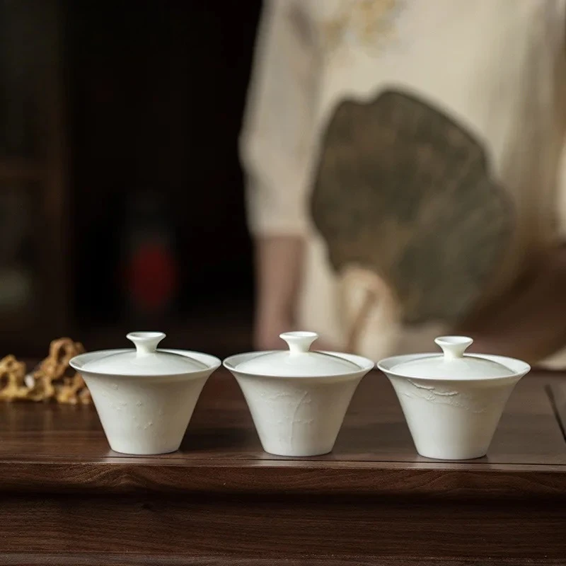 

100ml Handmade Ivory White Relief Bamboo Hat Gaiwan Antique Tea Tureen Tea Bowl With Lid Kit Tea Making Cover Bowl Teaset Gift