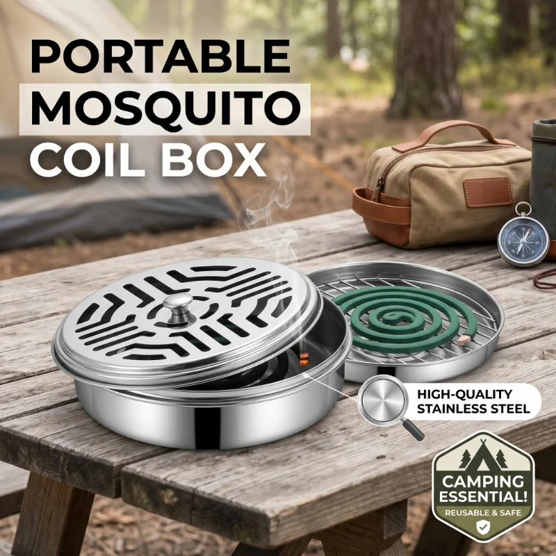 1/2pc Stainless Steel Mosquito Coils Holder round Tray with Cover Easy to Clean Anti-Mosquito Supplies for Outdoor Picnic Travel