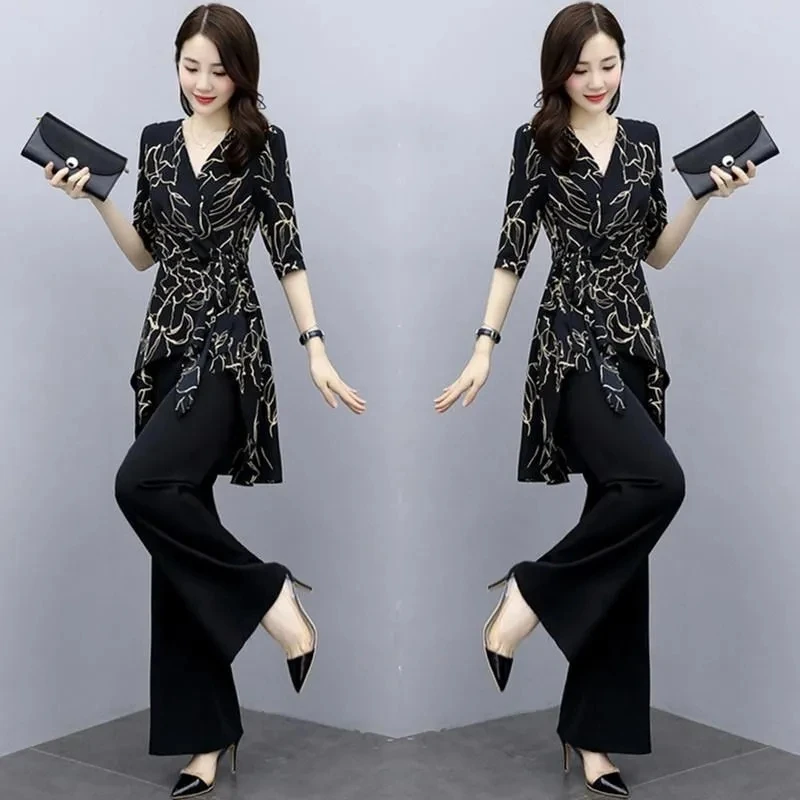 2 Piece Set Women Casual Fashion Printing Pants Suit Short Sleeve Tops +Wide Leg Pants 2 Piece Outfits Women White Set Summer4XL