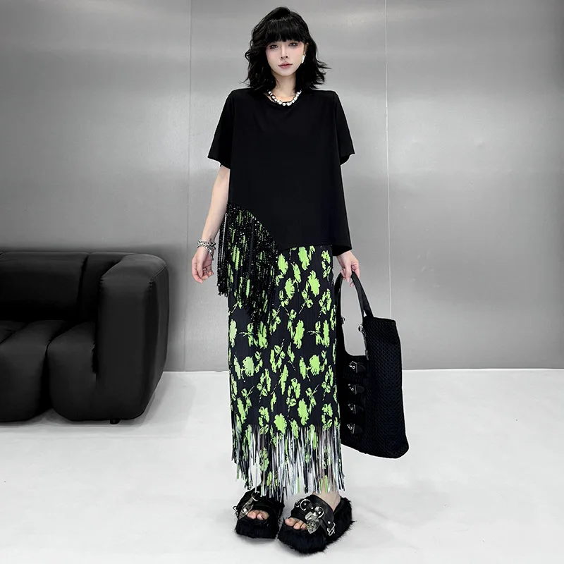 Tannt femmes t-shirt asymétrie gland Patchwork longue t-shirt hauts irrégulier noir décontracté mode ample longue femmes t-shirt 2025 nouveau