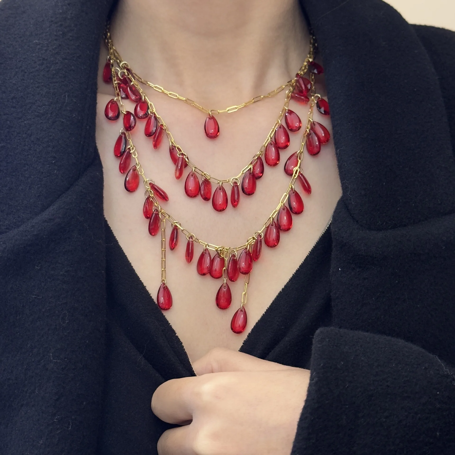 Palace Feng Shui Drops Pomegranate Red Stacking Necklace Retro Subculture Personalized Clavicle Chain